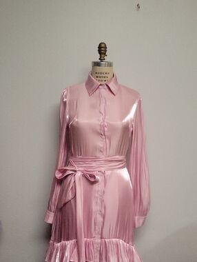 The Ally B Collab Shiny Pink Satin Button-Front Dress with Waist Tie